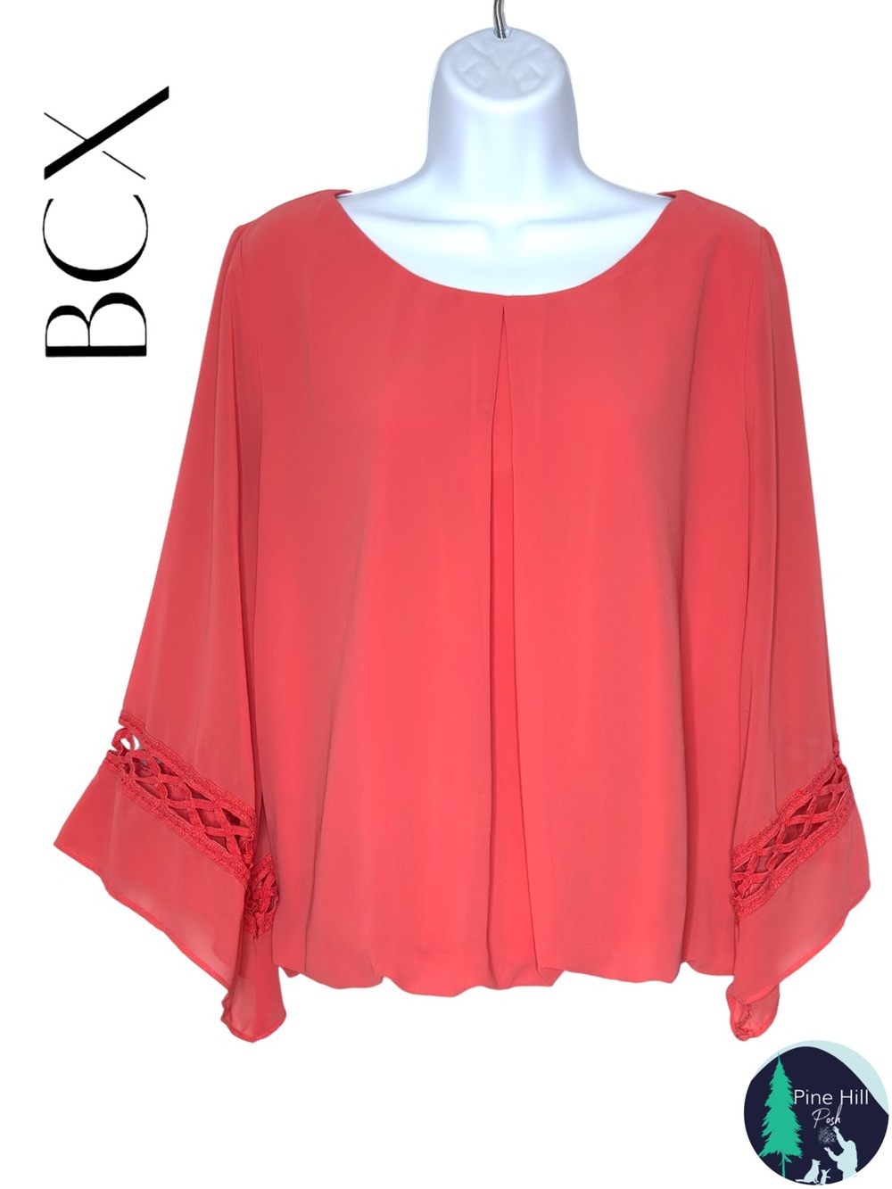 BCX Blouse XL Coral Orange Layered Chiffon 3/4 Bell Sleeves Elastic Waist EUC